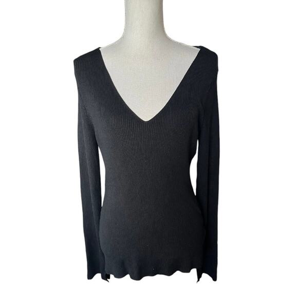H&M black ribbed v-neck sweater casual minimalist neutral professional - Picture 1 of 7